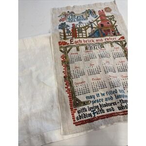 VTG Linen Tea Towels Lot 2 Calendar 1978 Folk Art & 1 Solid Cream Brocade Floral